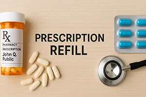 Picture of some pills and a stethoscope with the words Prescription Refill