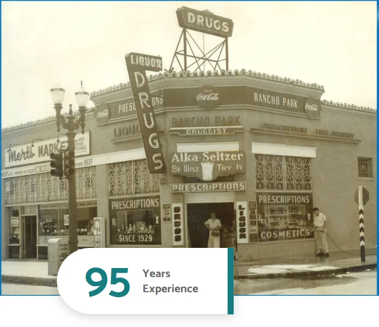 An old vintage black and white image of the original pharmacy